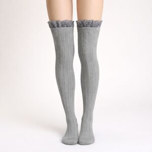 H&M Gray Thigh High Lace Top Knee Socks Soft Knit Over The Knee Fashion Hosiery5